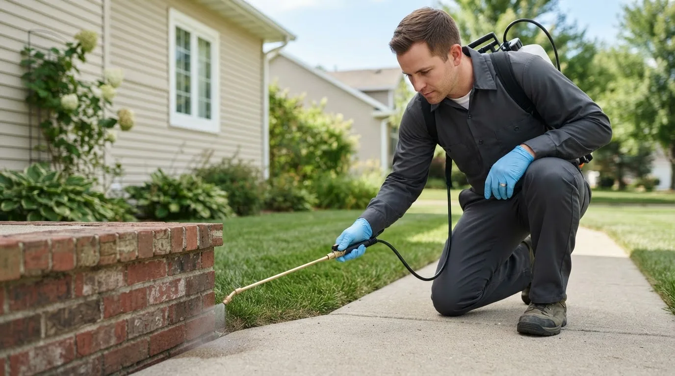 Pest control technician treating a home near Formoso, KS